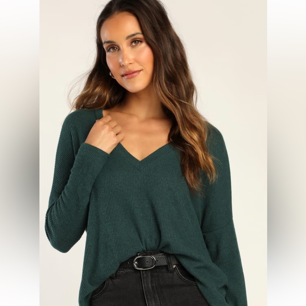 Lulus Just Vibing Hunter Green Ribbed V Neck